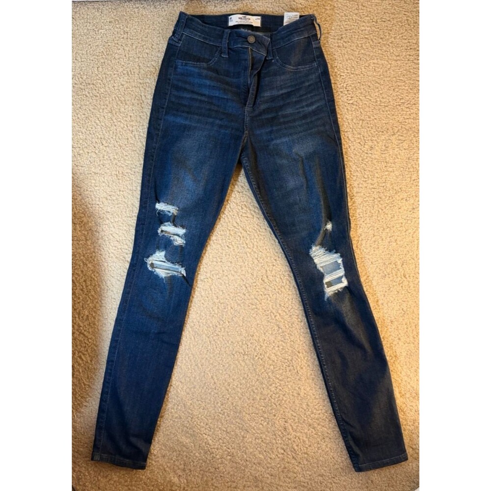 Hollister Curvy High Rise Distressed Skinny Jeans Dark Wash Blue 4R W27